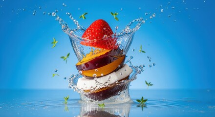 Invigorating fruit medley with a refreshing cascade of water creating dynamic composition