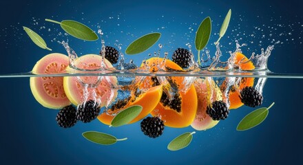 Vibrant still life of assorted fruits splashing in water against a deep teal background