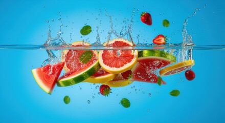 Vibrant explosion of summer fruits in refreshing blue water creating a splash effect against a