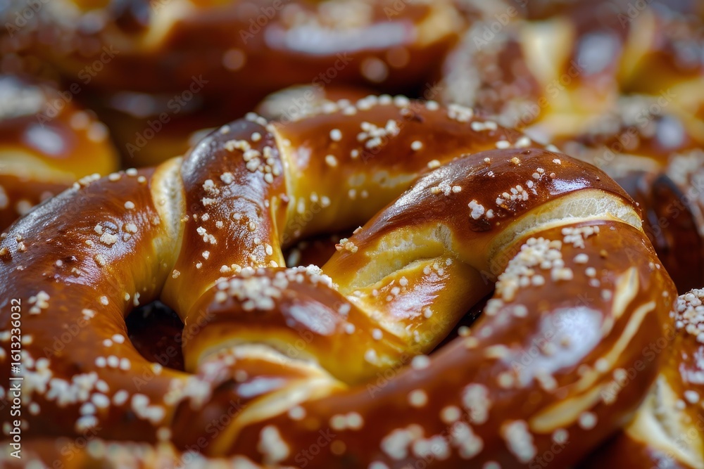 Poster close up of appetizing golden brown pretzels, sprinkled with coarse salt, creating a visually appeal