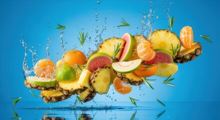 Exotic fruit medley frozen in a moment of watery refreshment vibrant and inviting against a sky