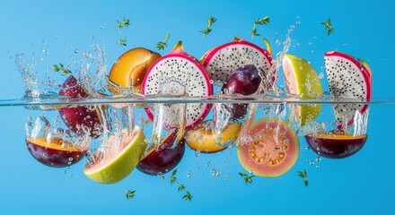 Exotic fruits plunging into clear water creating dynamic splash with light blue background