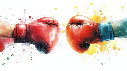 Boxing gloves facing each other with watercolor splashes