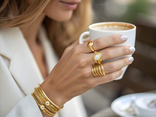 Woman holding a mug with gold rings and bracelets wearing a white blazer jacket
