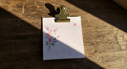 Floral Decorated Clipboard with Brass Clip Illuminated by Sunlight