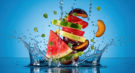 Vibrant fruit explosion and cascading water create a refreshing still life composition against an