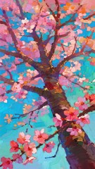 An oil painting depicts a big tree full of pink flowers with vivid colors, showing the vitality of spring and artistic beauty against the blue sky.