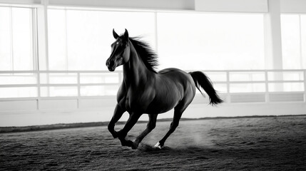 Black horse galloping indoors on sandy ground with dramatic lighting and dynamic motion