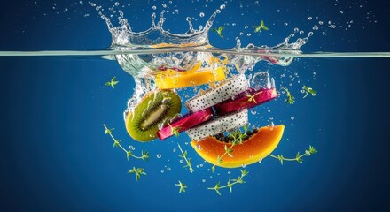 Exotic fruits plunge into crystalline water in a vibrant aquatic dance of colors and textures