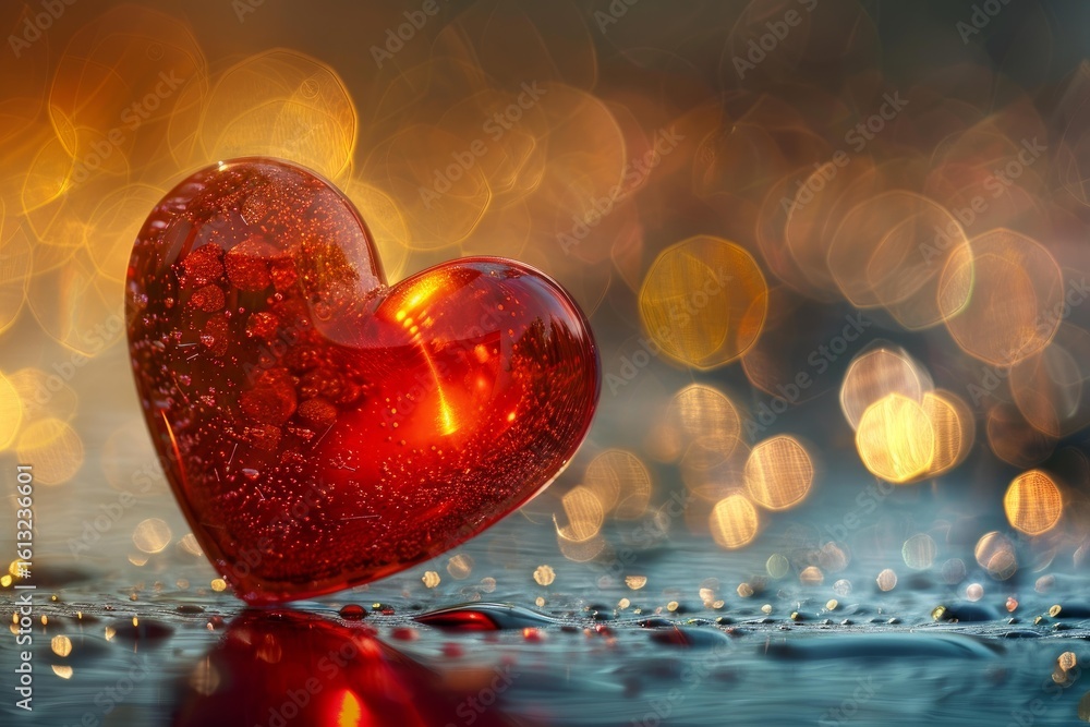 Poster romantic glass heart glowing with warm light, creating a beautiful reflection on a wet surface with 