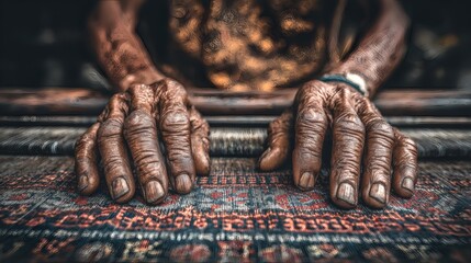 Elderly Hands Resting on Traditional Rug with Wooden Stick in Warm Lighting