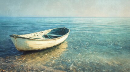 Naklejka premium Old weathered boat moored at calm seashore during daytime