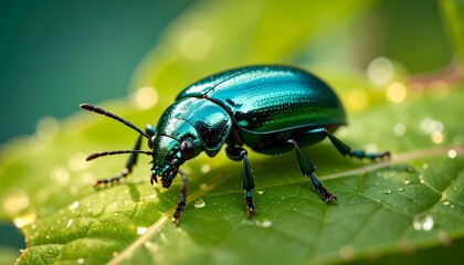 Close-up of a vibrant blue-green beetle resting on a leaf with water droplets