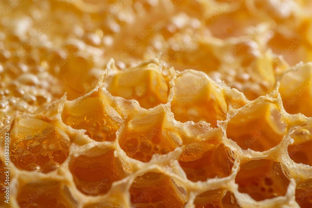 Poster macro view of honeycomb cells filled with honey, showcasing the intricate structure and golden hues 