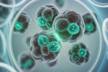 Clean rendering of cellular therapy transforming disease microscopic view of cells biological process medical research science biotechnology health laboratory molecular biology cellular structure