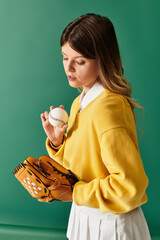 Young beautiful woman enjoys summer vibes while holding a baseball and glove in a playful manner
