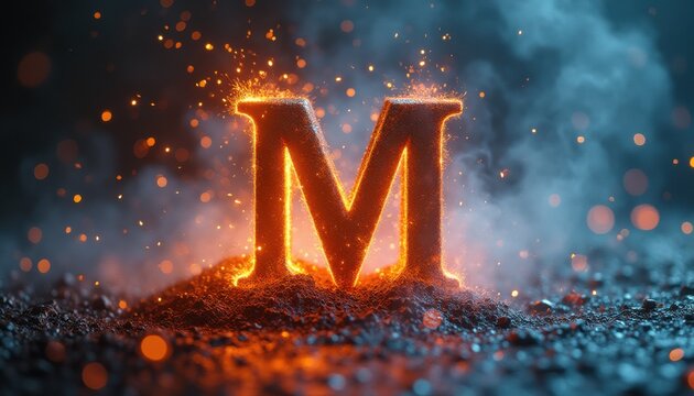 Glowing letter M in dark night with smoke and sparks