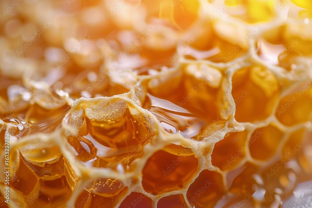 Poster fresh honey dripping from honeycomb in a sunny day, creating a golden and viscous texture