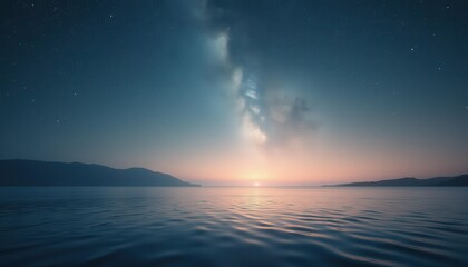 Fototapeta premium Serene Milky Way over Ocean and Mountains at Sunrise