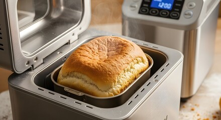 Freshly baked loaf of bread inside of a bread maker machine with open lid view