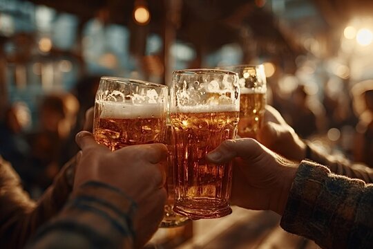 Hands holding glasses of beer toasting in a pub, celebrating friendship and enjoying a refreshing drink together in a warm, convivial atmosphere