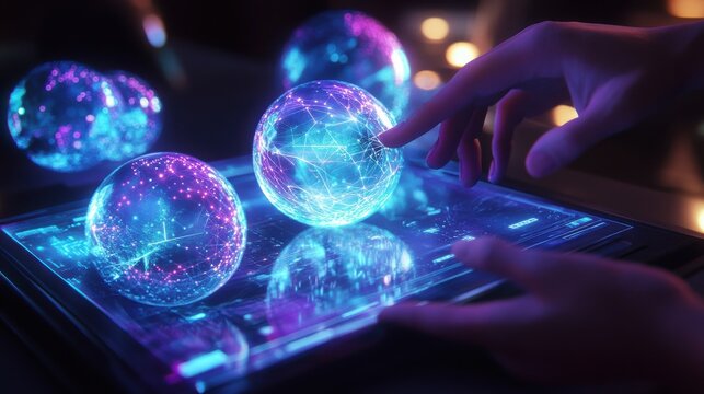 Adult person interacting with glowing orbs in futuristic setting
