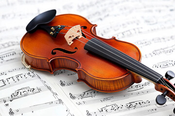 Fototapeta premium Violin and bow resting on chaotic sheet music display