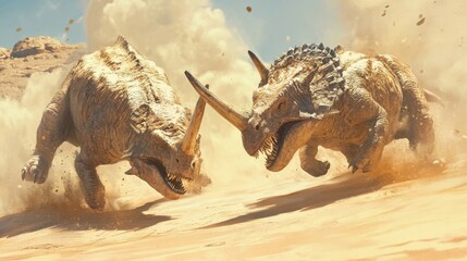 Fototapeta premium Dinosaurs fighting in a dramatic desert landscape