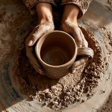 Commercial photo of slavic women`s habds sculpting mug of clay, top view , close up, studio light.