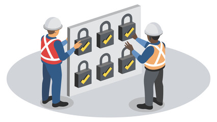 Two workers in safety gear interact with a wall of locks each marked with a yellow check mark symbol