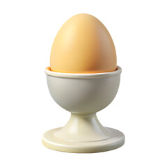 A single brown egg sits perfectly in a white ceramic egg cup on white isolated on transparent background
