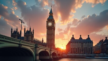Fototapeta premium Majestic clock tower and bridge at sunset in city