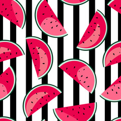 Watermelon slices on striped black and white background form cute summer seamless pattern. 