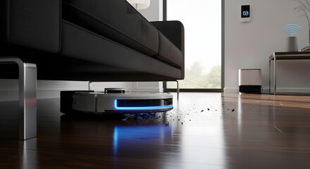 A robot vacuum cleaner with blue light cleaning under a sofa on a wooden floor