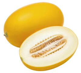 fresh yellow melon, whole and sliced, with visible seeds