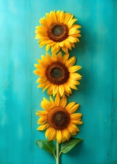 Obraz premium Three sunflowers arranged vertically on turquoise wooden background with dark centers and vibrant petals, showcasing bold color contrast and charm