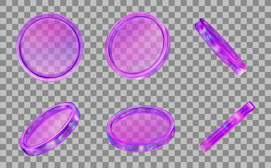 3D set glass transparent neon coins with different angles. Y2k style. Stock vector illustration on isolated background.	
