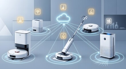 A connected home ecosystem featuring cleaning robots and an air purifier linked to cloud