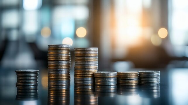 Stacks of shiny coins in various heights on a reflective surface with a blurred background and warm lighting.
