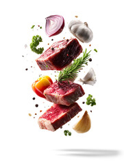 A Hyper-Realistic Photo of Juicy Steak Ingredients Flying on Transparent Background