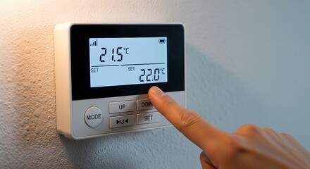 A finger pressing the down button on a digital thermostat mounted on a wall indoors