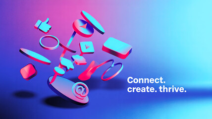 3D floating social media, tech icons on gradient purple-blue background