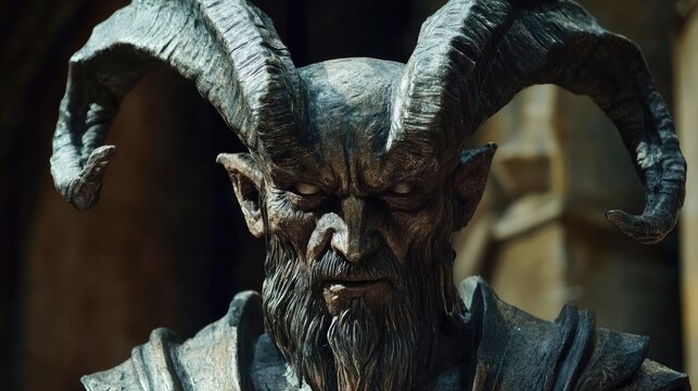 Dramatic close-up of a formidable horned creature statue, its weathered stone face and piercing white eyes evoking ancient power.