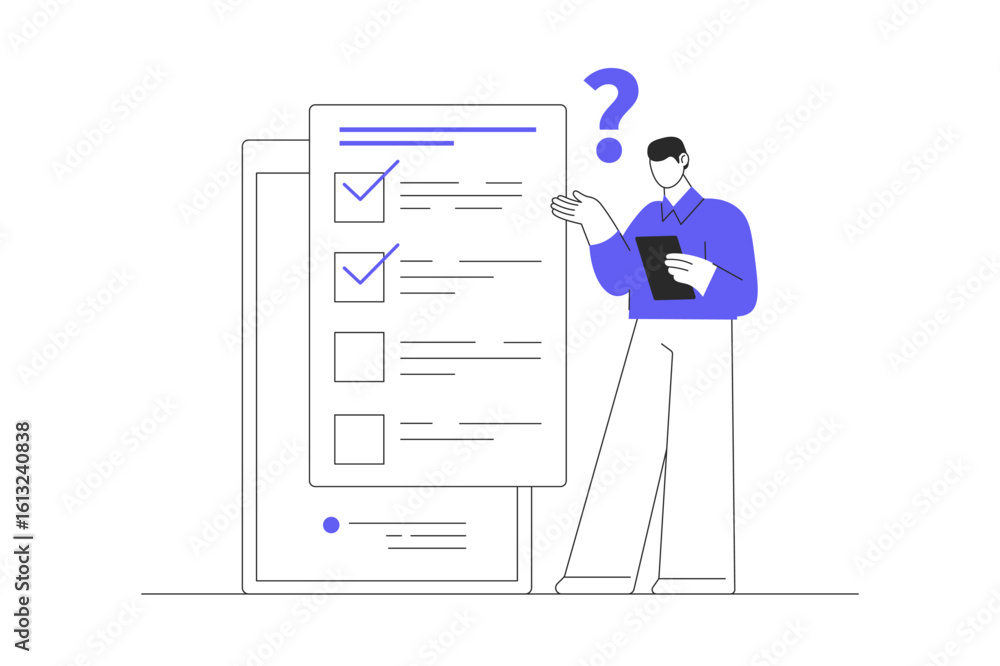 Poster online survey concept. man thinking and choosing answers for questions in digital questionnaire usin