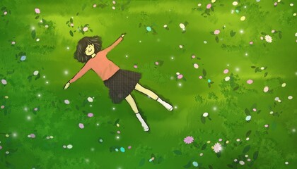 One girl lying down in a green field, feeling relaxed and at ease. Illustration drawn on a tablet, suitable for use as an illustration or background. © Thida