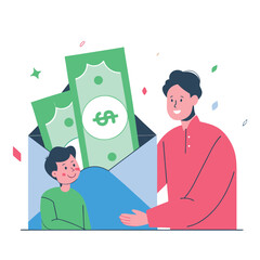 Father happily gives his son money in an envelope symbolizing financial education and family support