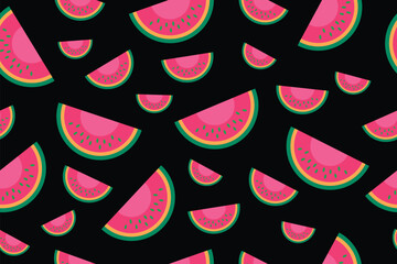 Juicy watermelon slices in pink and green pop against black, playful summer-themed repeat pattern