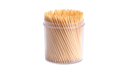 Clear container filled with many light beige toothpicks Isolated on solid white background Png