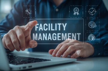 Facility management concept. Building resource management covers activities related to buildings or various locations. Businessman using laptop with facility management icon on virtual screen.