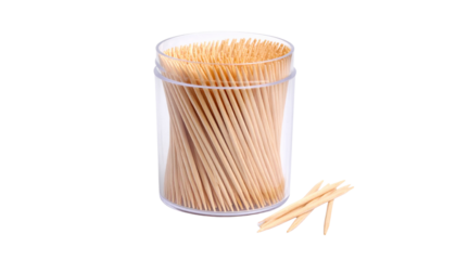 Clear container filled with many light beige toothpicks Isolated on solid white background in Png form